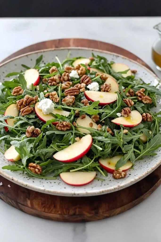 Arugula salad topped with sliced apples and walnuts in a bowl
