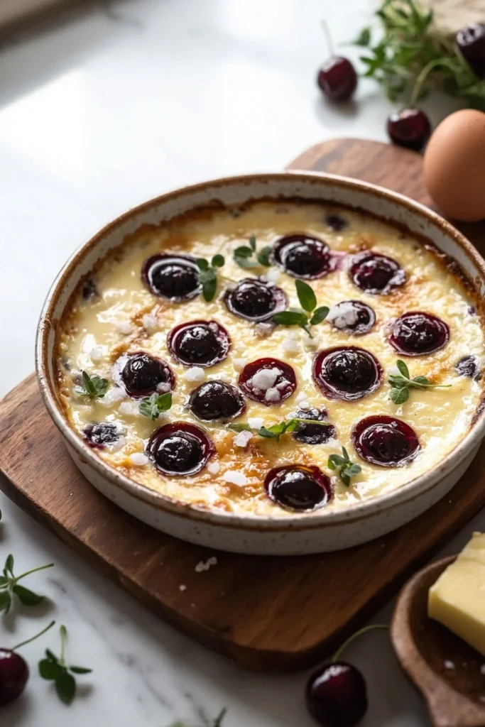 A delicious baked cherry custard dessert topped with fresh cherries
