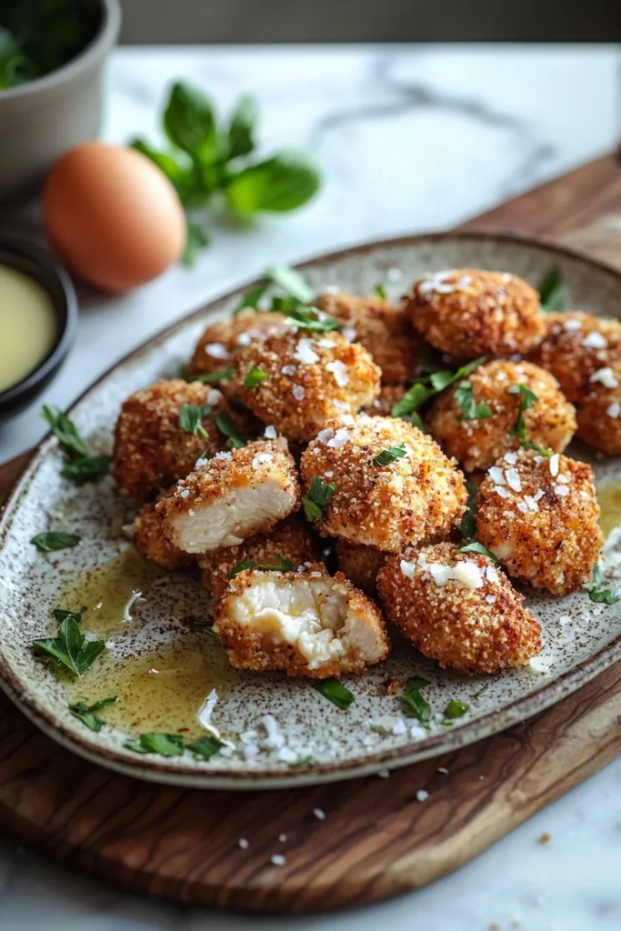 Plate of crispy Baked Chicken Bites garnished with fresh herbs