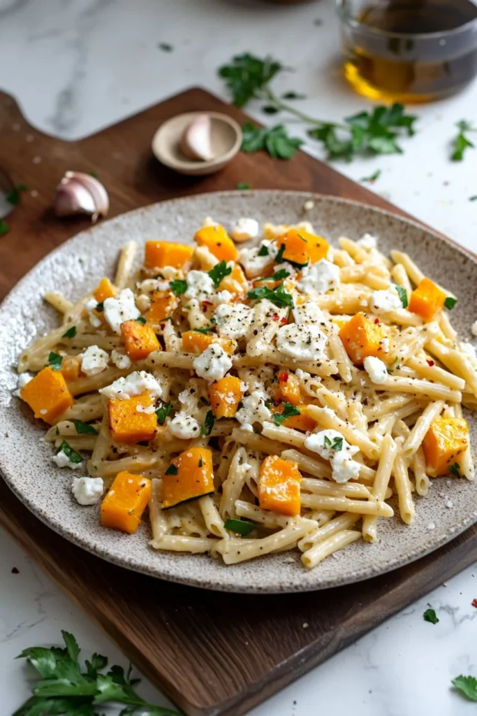 Baked Feta Butternut Squash Pasta served in a bowl with herbs and cheese