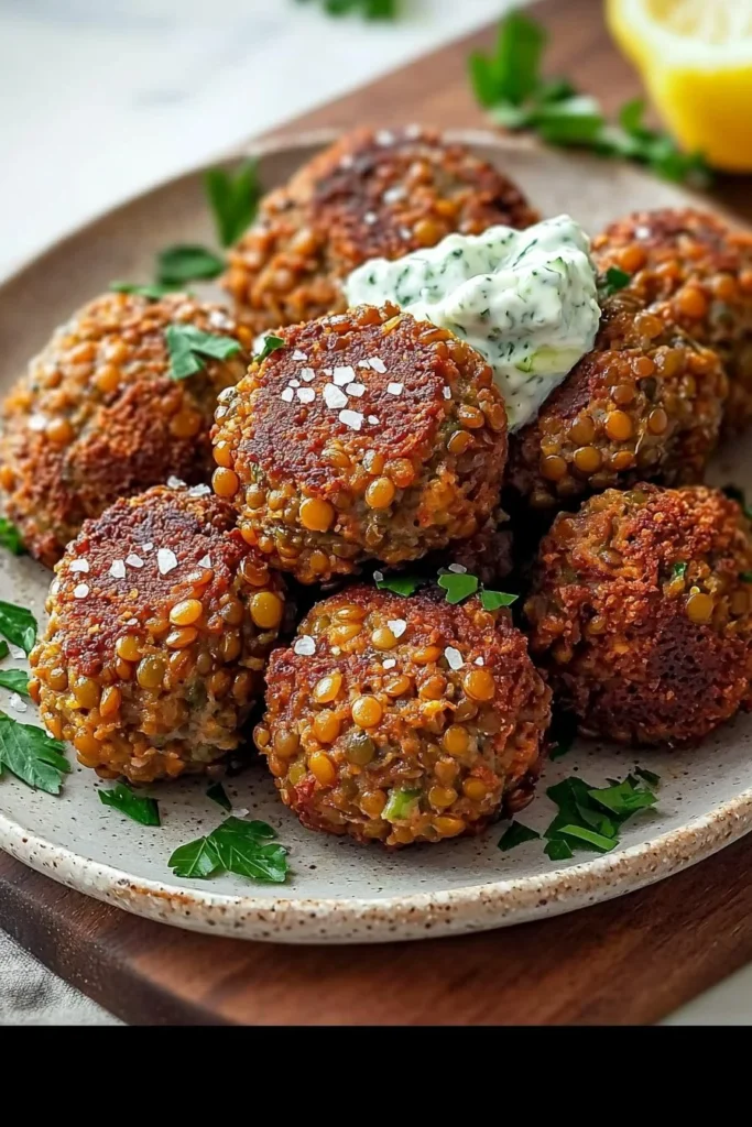 Baked Greek lentil meatballs served with creamy tzatziki sauce.
