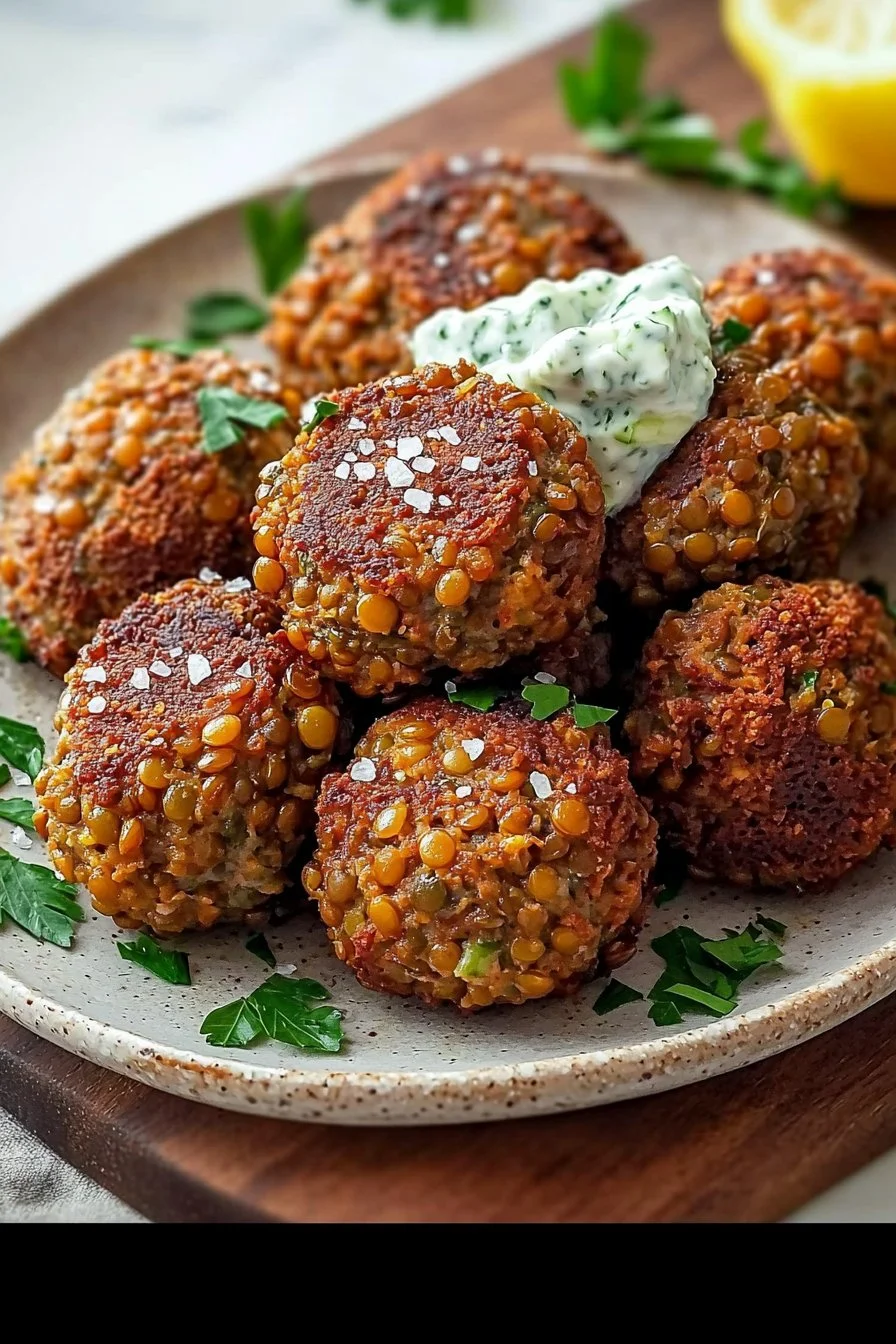 Baked Greek Lentil Meatballs with Creamy Tzatziki