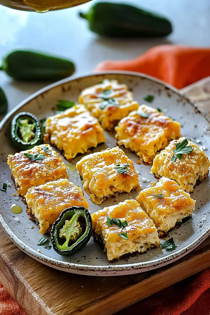 Baked jalapeño cheese squares appetizers on a platter.