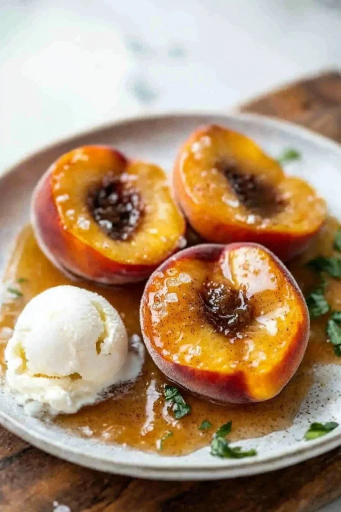 Delicious baked peaches garnished with cinnamon and drizzled with honey.