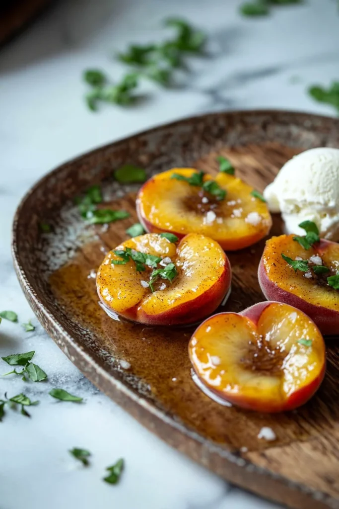 Delicious baked peaches served with a scoop of vanilla ice cream