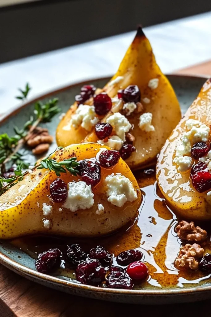 Baked pears topped with feta cheese, honey, and cranberries on a white plate