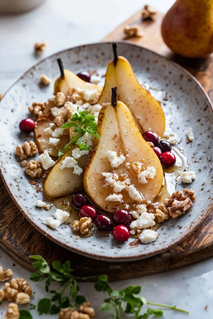 Delicious baked pears topped with feta cheese, honey, and cranberries