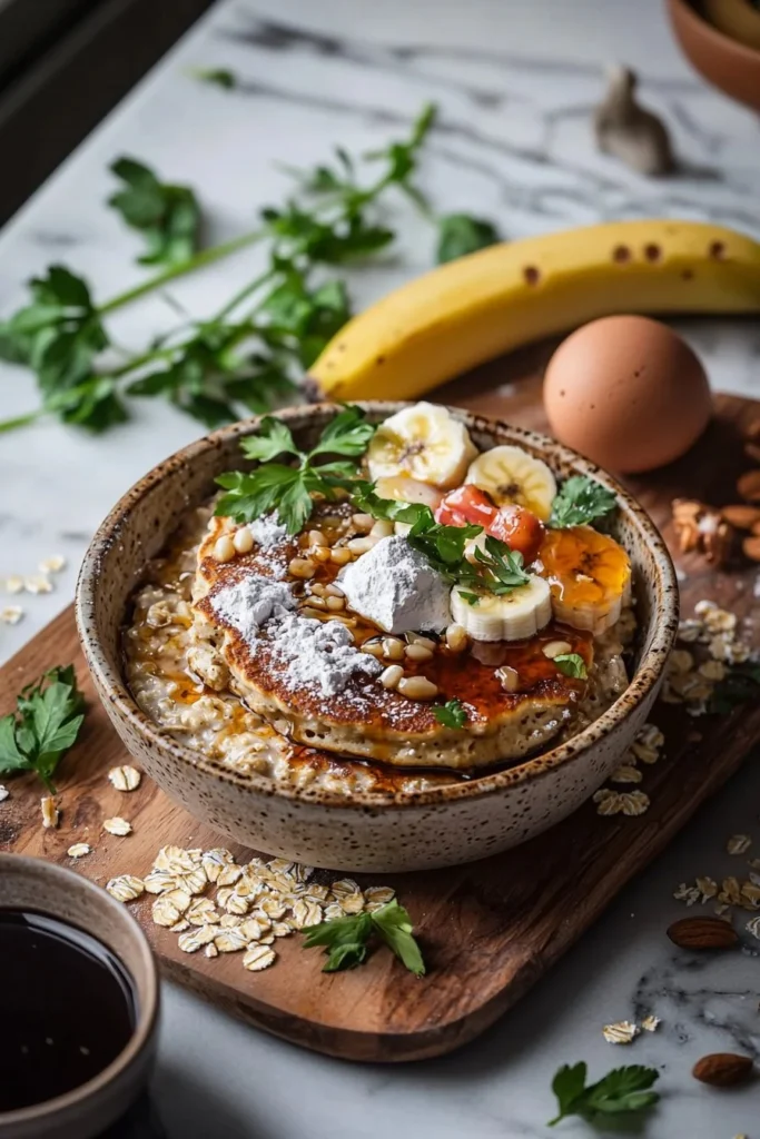Baked protein pancake bowls topped with fresh fruits and nuts