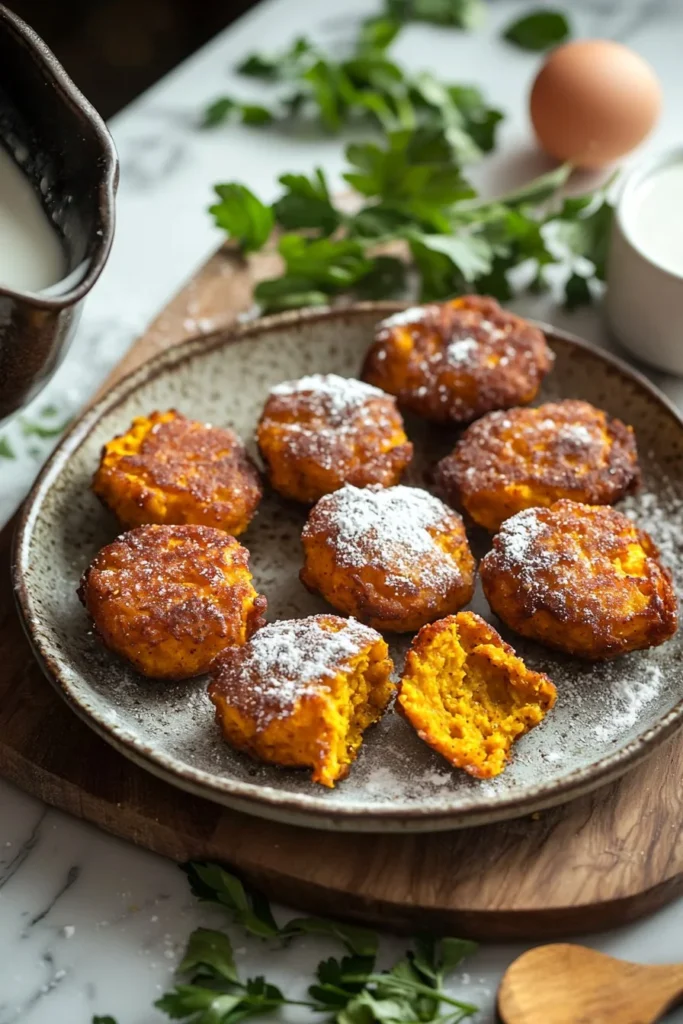 Freshly baked pumpkin fritter bites on a plate with autumn decorations.