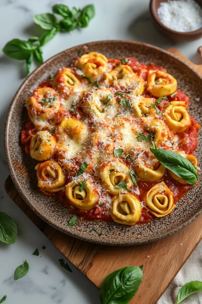 Delicious baked tortellini casserole with cheese and herbs