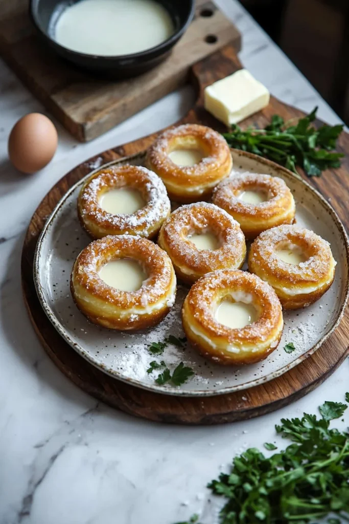 Freshly baked vanilla custard donuts topped with glaze