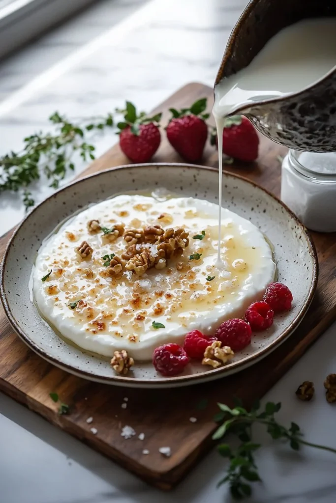 Delicious baked yogurt dessert served in a glass dish with toppings.