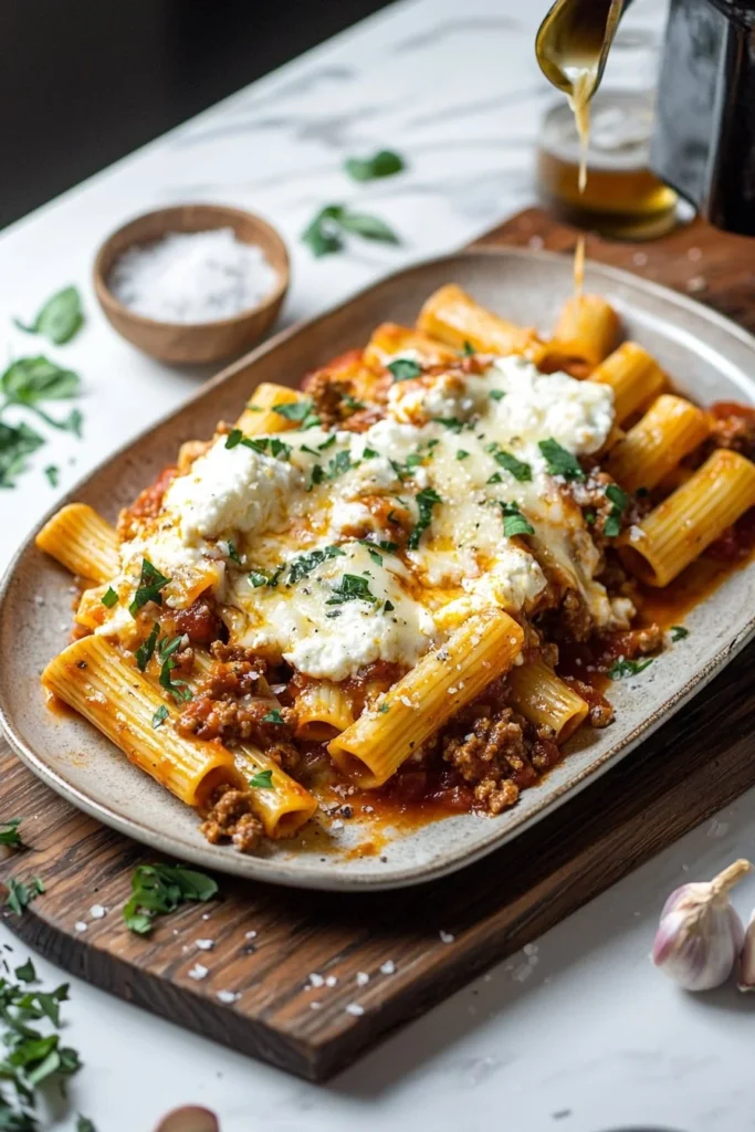Baked ziti topped with melted cheese and a sprinkle of parsley in a baking dish