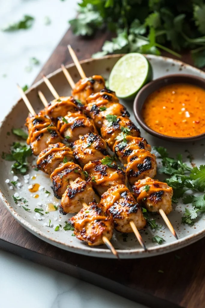 Delicious Bang Bang Chicken Skewers ready to grill, coated in a spicy sauce.