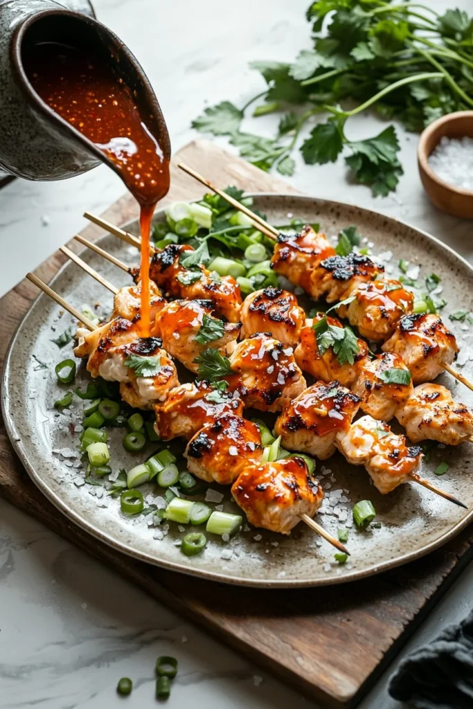 Delicious Bang Bang Chicken Skewers marinated and grilled to perfection