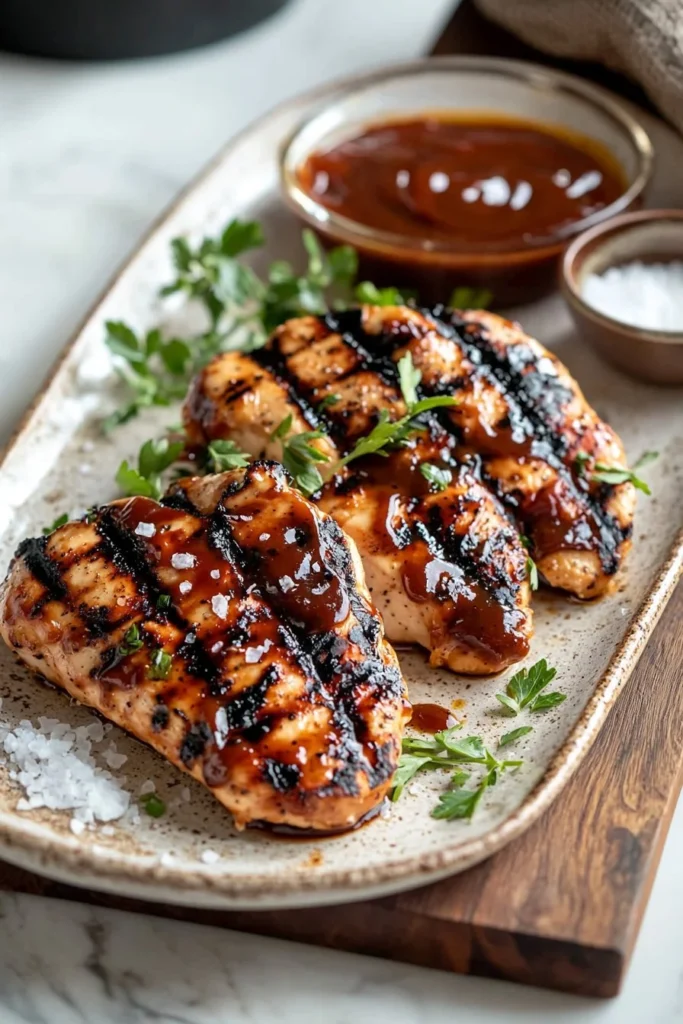 Delicious BBQ grilled chicken on a wooden board with herbs and spices