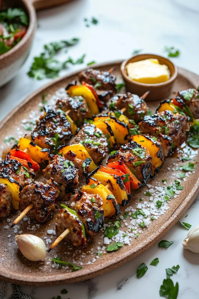 Delicious BBQ skewers drizzled with garlic butter on a grill
