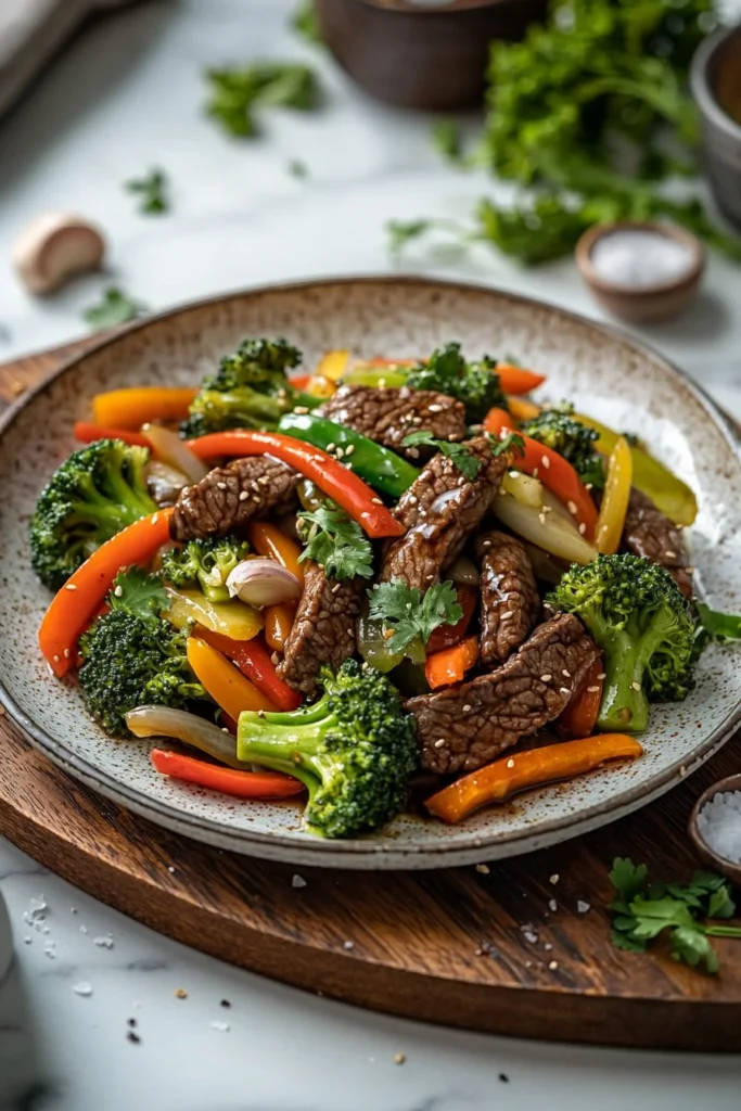 Beef stir fry with colorful vegetables served in a bowl
