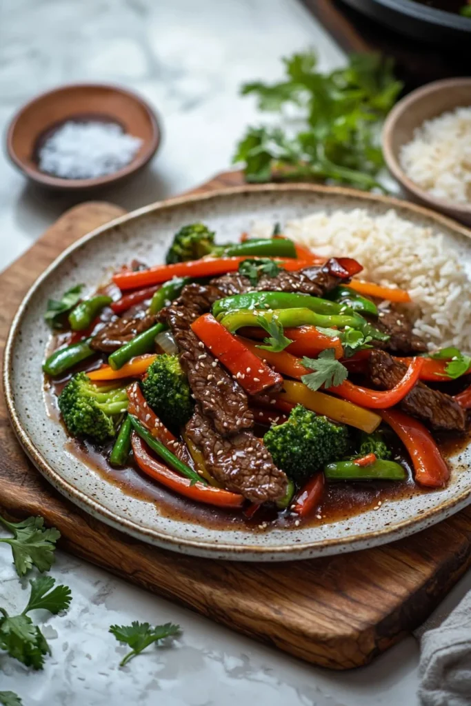 Beef stir fry with colorful vegetables stir-fried in a wok