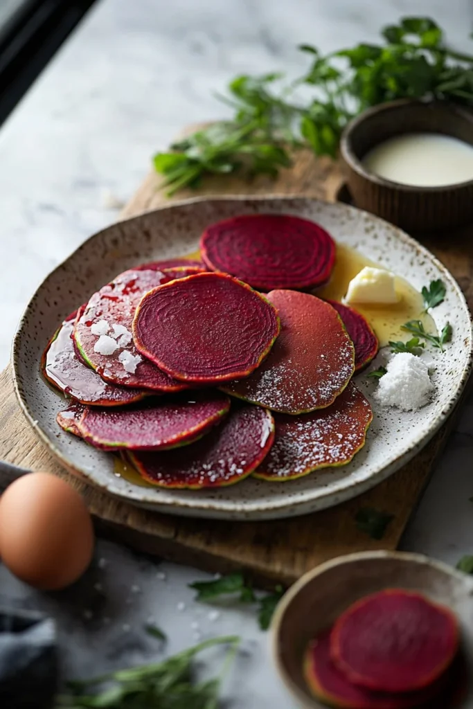 Delicious beet pancakes topped with fresh fruit and syrup.