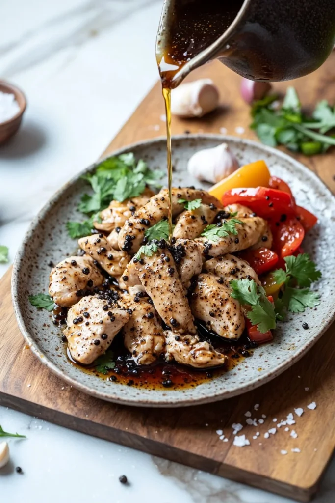 Delicious Black Pepper Chicken served with vegetables on a plate