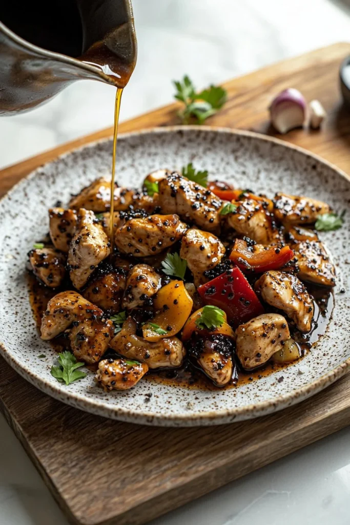 Delicious Black Pepper Chicken served on a plate with fresh herbs and spices.