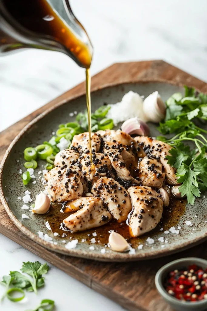 Delicious black pepper chicken served with vegetables and rice.