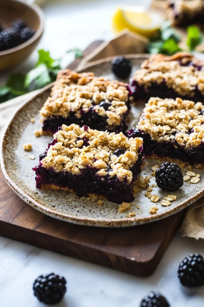 Delicious blackberry crumble bars topped with a golden crumble layer