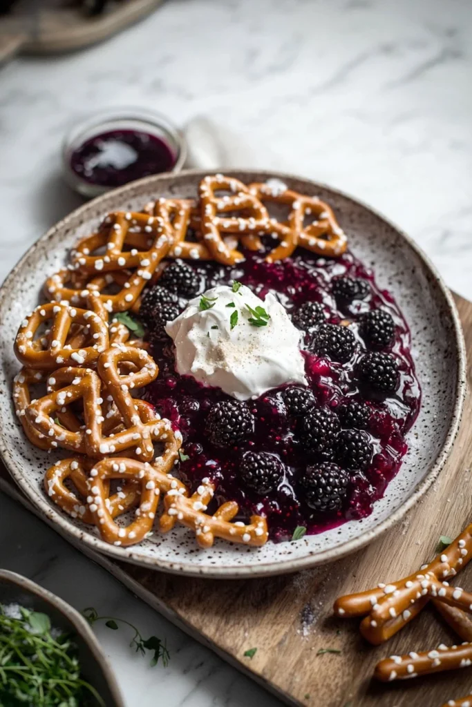 Delicious Blackberry Pretzel Dessert featuring a crumbly pretzel crust and fresh blackberries.