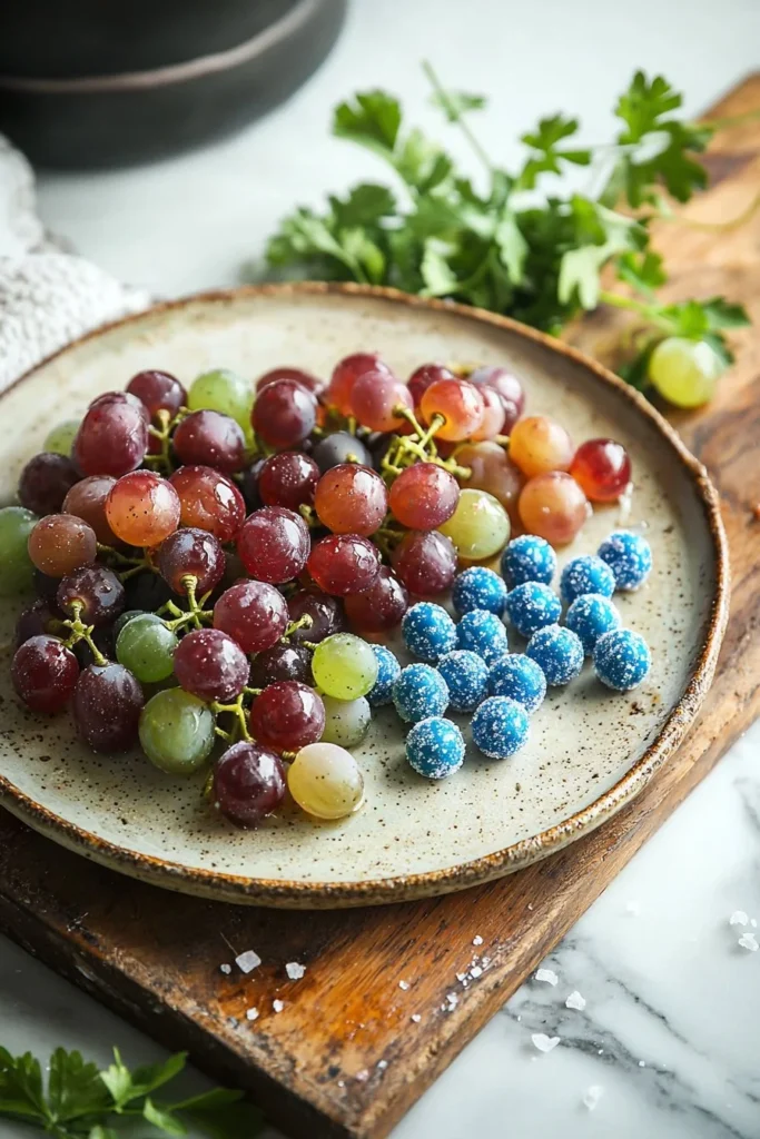 Blue Raspberry Starburst Candied Grapes in a decorative bowl