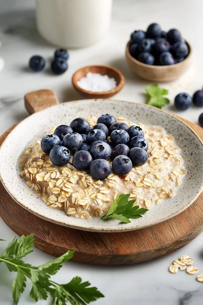 Bowl of blueberry blended oats topped with fresh blueberries and nuts