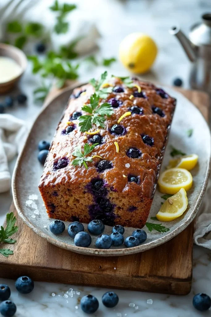 Delicious homemade Blueberry Lemon Loaf on a wooden table