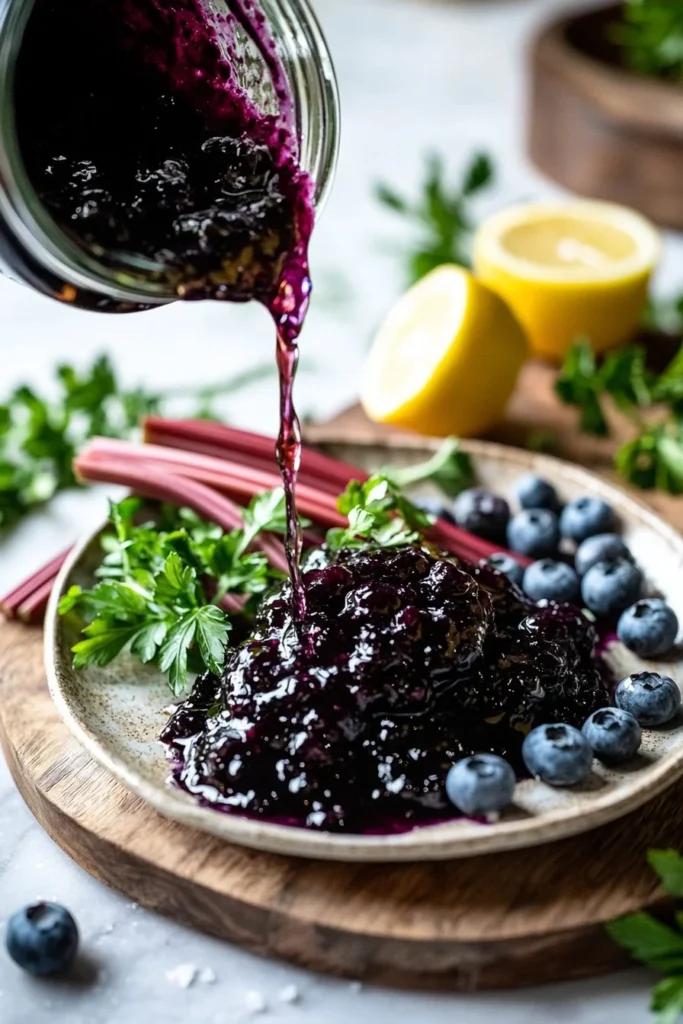 Jar of delicious Blueberry Rhubarb Jam on a wooden table