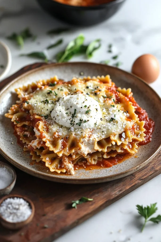 Delicious bow tie pasta lasagna served with cheese and herbs