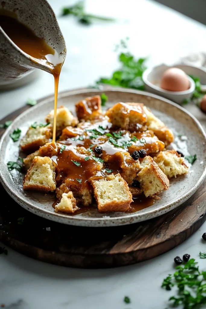 Delicious bread pudding topped with vanilla caramel sauce dessert