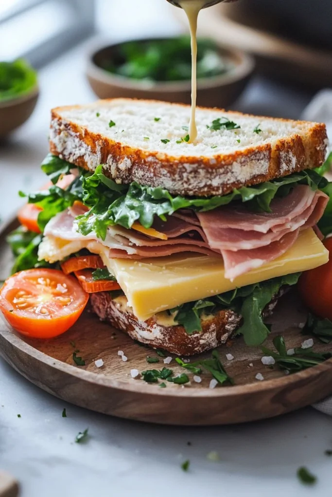 A variety of bread sandwiches filled with fresh ingredients and colorful toppings