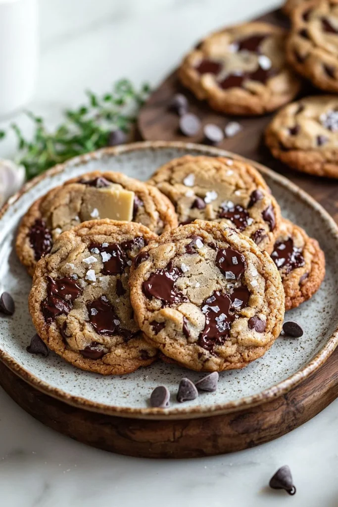 Freshly baked brown butter chocolate chip cookies on a cooling rack