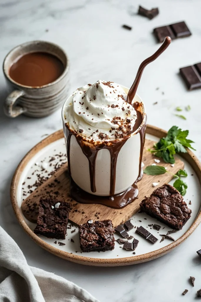 Decadent brownie milkshake topped with whipped cream and chocolate shavings