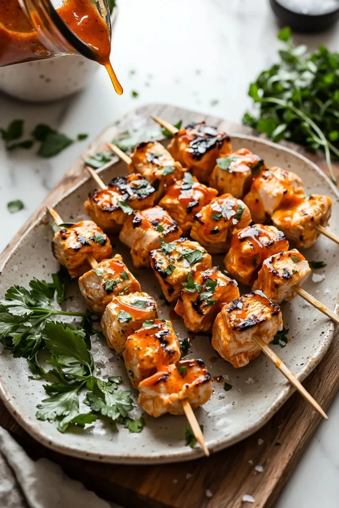 Delicious Buffalo Ranch Chicken Skewers ready for grilling