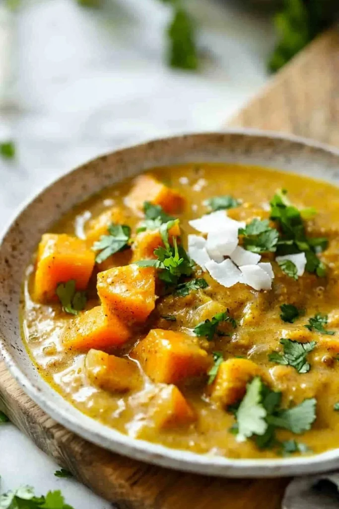 Bowl of butternut squash coconut curry garnished with herbs