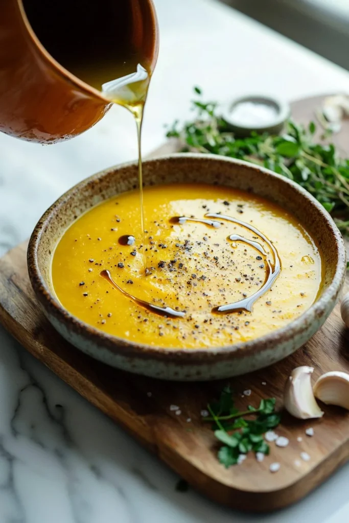 Bowl of creamy butternut squash soup garnished with herbs.