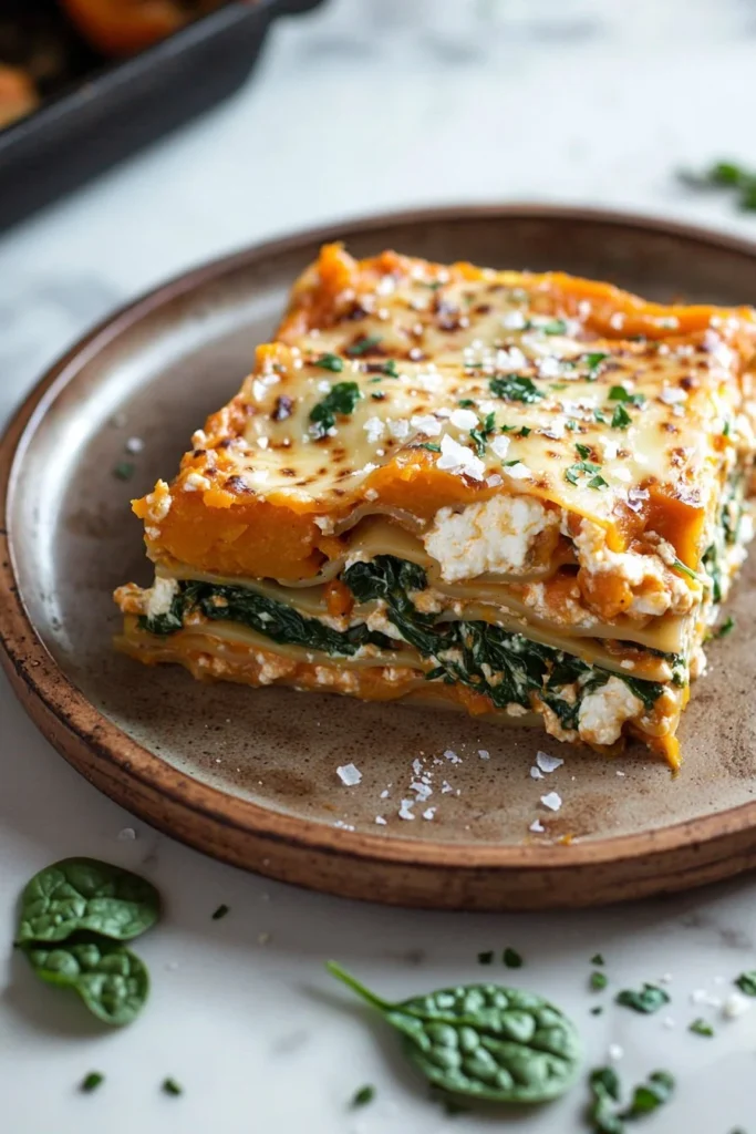 Butternut squash spinach lasagna served in a baking dish