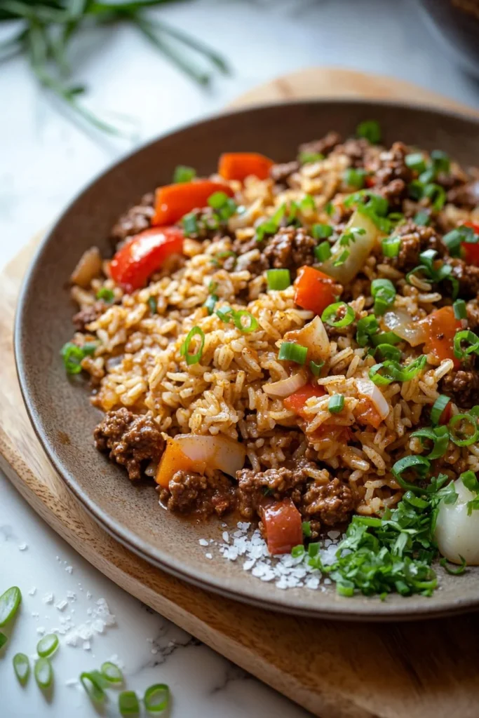 Cajun Beef and Rice Skillet served in a cast iron pan