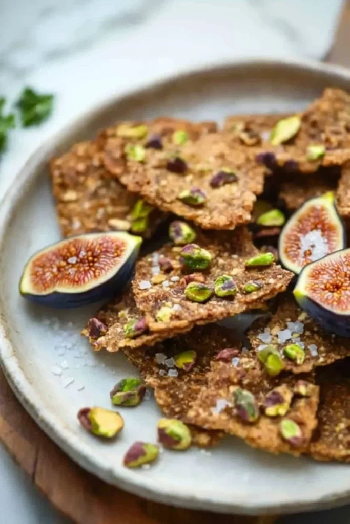 California fig and pistachio crisps, a tasty snack with sweet figs and crunchy pistachios.