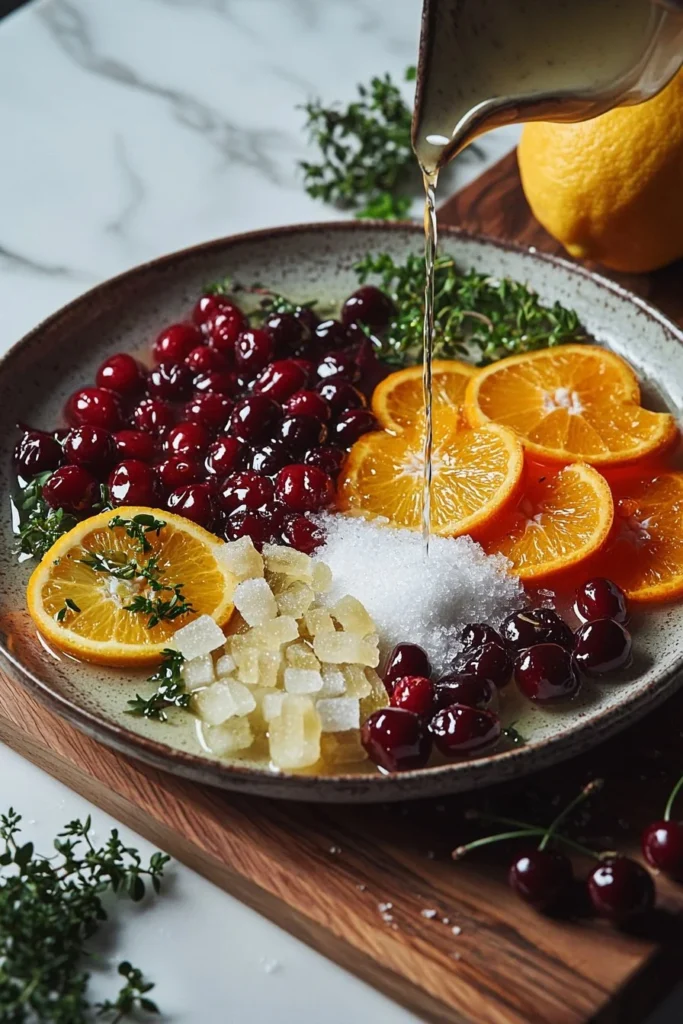 A variety of colorful candied fruits on a wooden platter