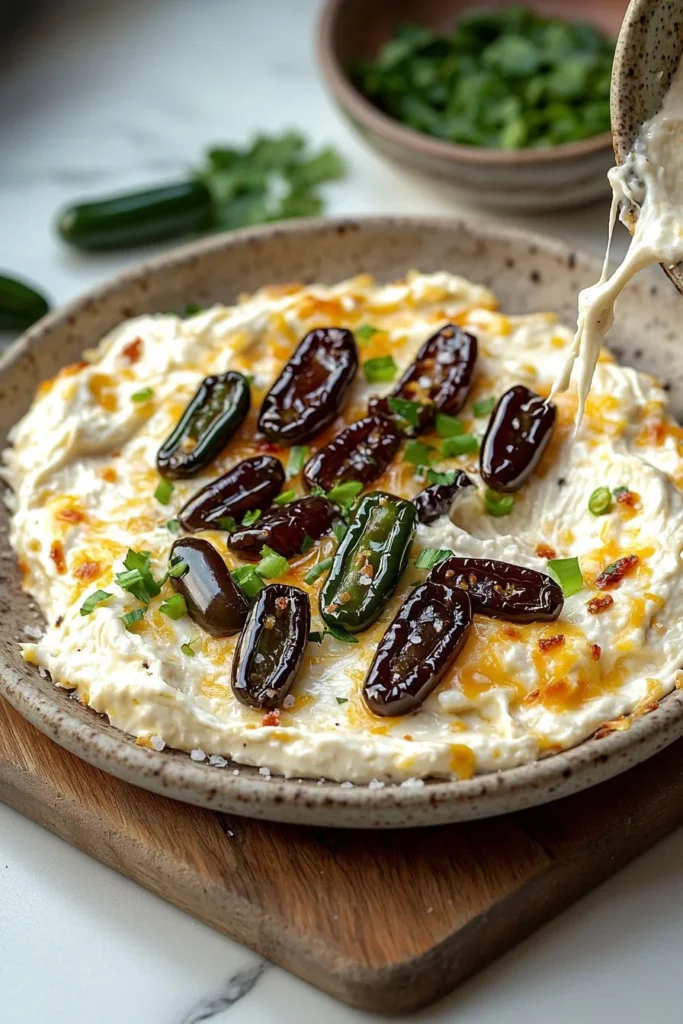 Creamy Candied Jalapeño Popper Dip served in a bowl with chips