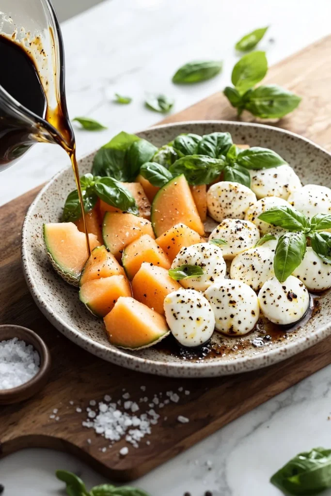 Cantaloupe and fresh mozzarella salad with basil and balsamic glaze