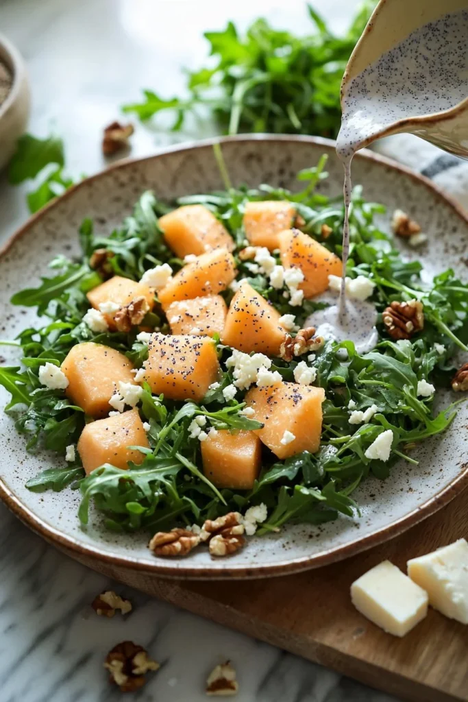 Cantaloupe arugula salad with poppy seed dressing in a bowl