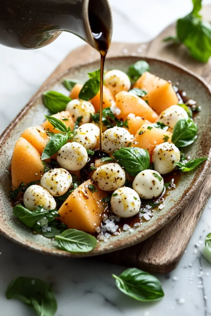 Cantaloupe Bocconcini Salad with fresh herbs and vibrant colors