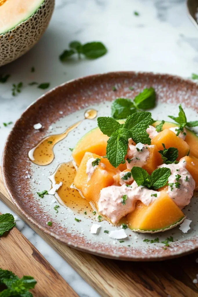 Cantaloupe slices served in creamy coconut rose cream
